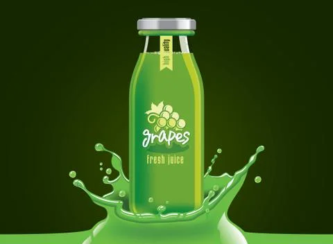 Vector grape juice, fruit glass bottle with drop splash Stock Illustration