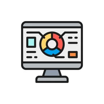 Vector graph diagram in computer browser, programming, seo flat color line icon. Stock Illustration