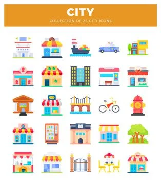 Vector graphic of 25 flat city icons on white background Illustrazione stock