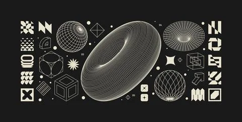 Vector graphic assets kit acid style, Postmodern abstract geometric shapes .. Stock Illustration