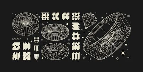 Vector graphic assets kit acid style, Postmodern abstract geometric shapes .. Stock Illustration