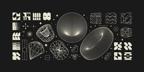 Vector graphic assets kit acid style, Postmodern abstract geometric shapes .. Stock Illustration