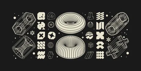 Vector graphic assets kit acid style, Postmodern abstract geometric shapes .. Stock Illustration