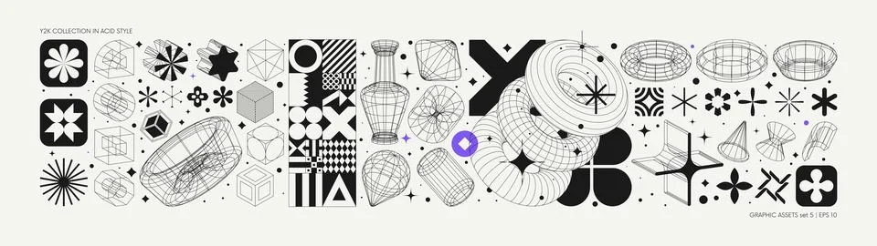 Vector graphic assets set in acid style, retro futuristic background with w.. Illustrazione stock