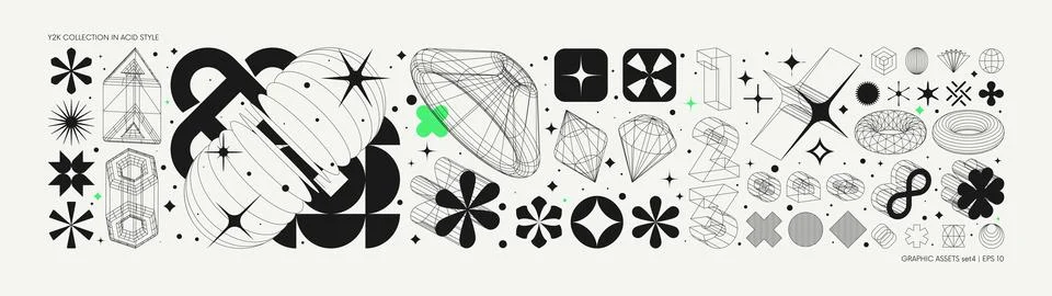 Vector graphic assets set in acid style, retro futuristic background with w.. Illustrazione stock