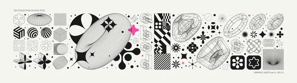 Vector graphic assets set in acid style, retro futuristic background with w.. Illustrazione stock