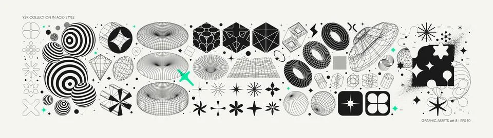 Vector graphic assets set in acid style, retro futuristic background with w.. Stock Illustration