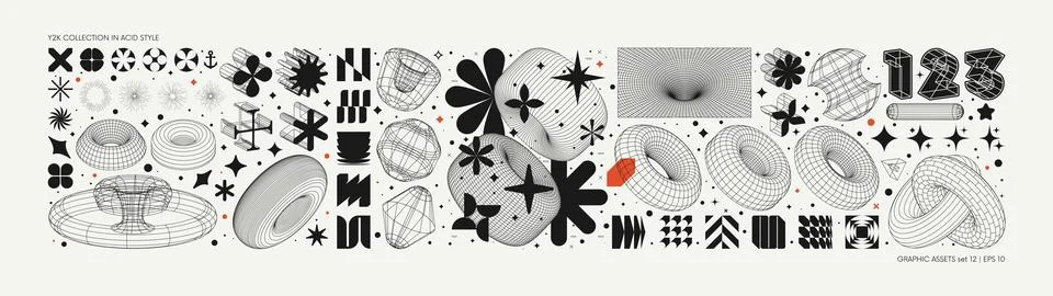 Vector graphic assets set in acid style, retro futuristic background with w.. Illustrazione stock