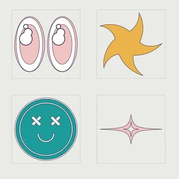 Vector Graphic Assets Set. Rave psychedelic retro futuristic set. Elements for 스톡 일러스트