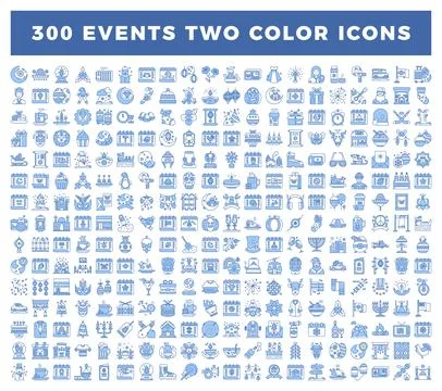 Vector graphic collection of 300 event icons in blue. isolated on white bac.. 库存插图
