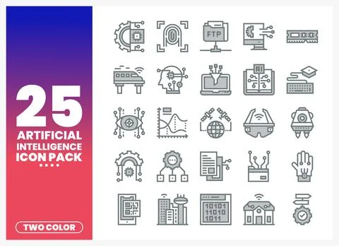 Vector graphic collection of artificial intelligence icons in two colors. Illustrazione stock