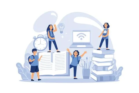 Vector graphic elements, teaching children to learn from books and the Inte.. Illustrazione stock