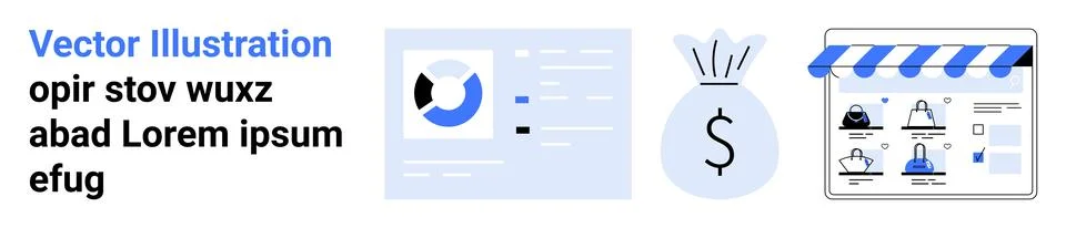 Vector graphic featuring data analytics report, money bag with dollar sign, a 스톡 일러스트