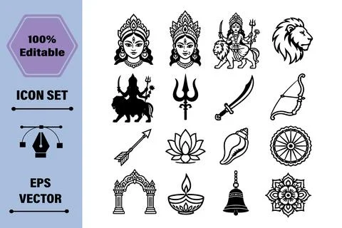 Vector Graphic Icon Set of Traditional Indian Religious Symbols and Deities Ilustração Stock