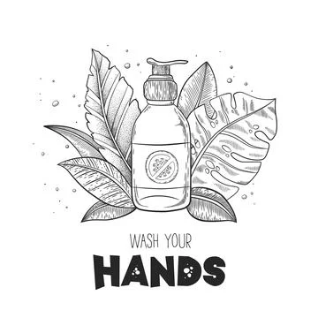 Vector graphic illustration with hand drawn alcohol gel sanitizer, plants and Stock Illustration