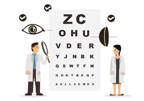 Vector graphic illustration of team of doctors diagnose the eye and the graph Stock Illustration