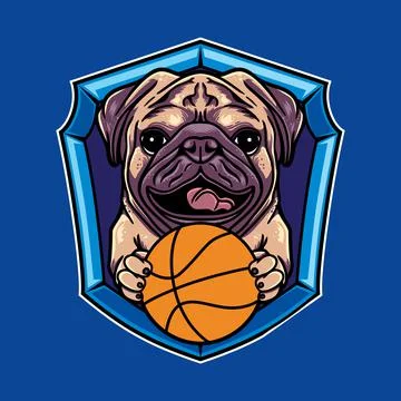 Vector graphic logo design of pug dog cartoon vintage retro basketball style Stock Illustration