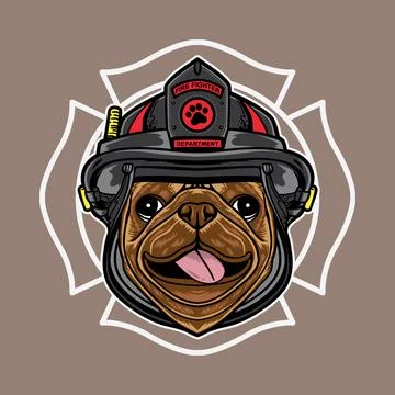 Vector graphic logo design of pug dog cartoon with vintage retro fire fighter Stock Illustration