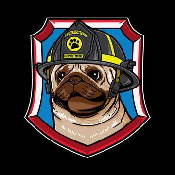 Vector graphic logo design of pug dog cartoon with vintage retro fire fighter Stock Illustration