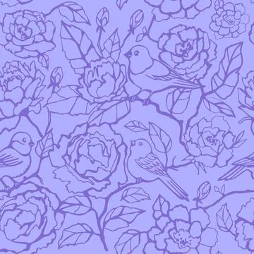 Vector graphic seamless pattern of birds, flowers and leaves in purple.. Stock Illustration
