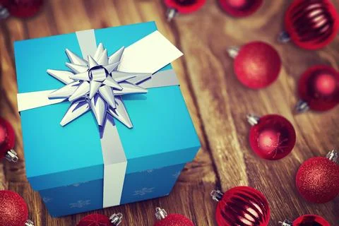Vector graphic showcasing blue gift box with white ribbon, silver bow, red Stock Photos
