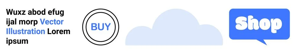 Vector graphic showing a BUY button in a circle, a cloud shape, and a SHOP bu Illustrazione stock