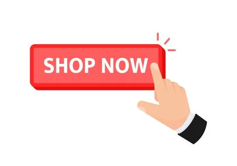 Vector graphic showing a hand touching a Shop Now button, symbolizing online Иллюстрация