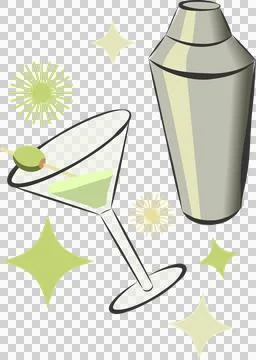 Vector graphic showing tilted martini glass with olive and shaker, sparkles, Stock Illustration