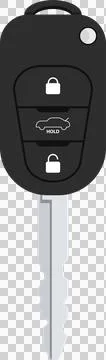 A vector graphic shows a car key with remote functions for locking, trunk a.. Stock Illustration