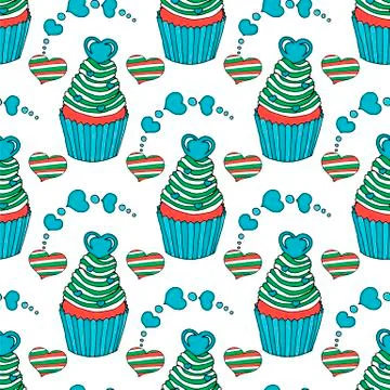 Vector graphic of the various sweets and desserts decorated into seamless Stock Illustration