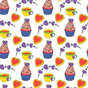 Vector graphic of the various sweets and desserts decorated into seamless Stock Illustration