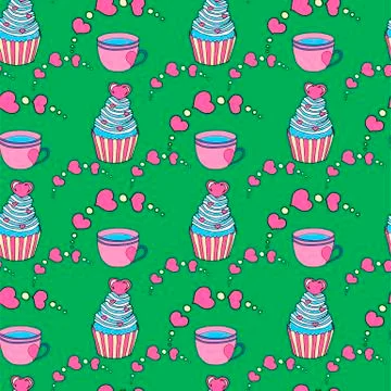 Vector graphic of the various sweets and desserts decorated into seamless Illustrazione stock