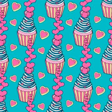 Vector graphic of the various sweets and desserts decorated into seamless Stock Illustration