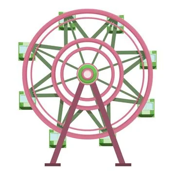 Vector graphic of a vibrant pink ferris wheel with green seats on a white Illustration