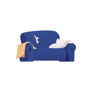 Vector graphics with a blue sofa with torn fabric, holes and protruding sprin Stock Illustration