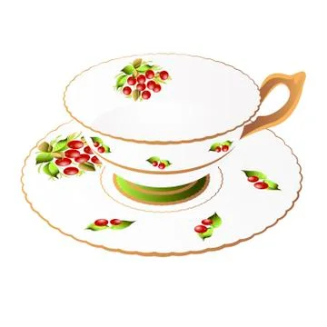 Vector graphics composition The Cup and Plate Decorated With Cherries Stock Illustration