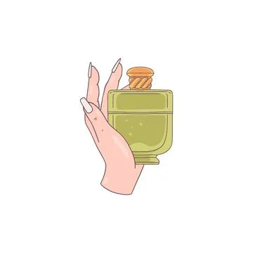 Vector graphics depicting a hand holding a vintage green perfume bottle with  Illustration