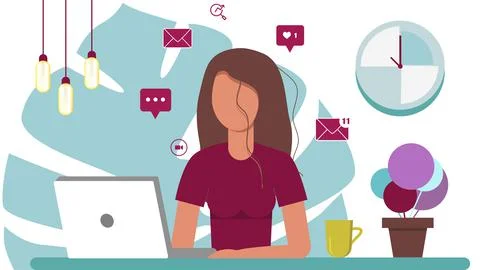 Vector graphics. Home office concept, woman working from home, student or fre Illustrazione stock