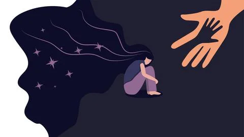 Vector graphics. Human hand helps a young girl in depression. Lonely woman hu Stock Illustration