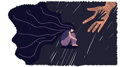 Vector graphics. The human hand helps the girl in depression. Stock Illustration