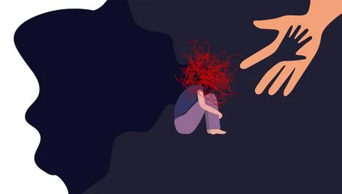 Vector graphics. Human hand helps a young girl in depression. Stock Illustration