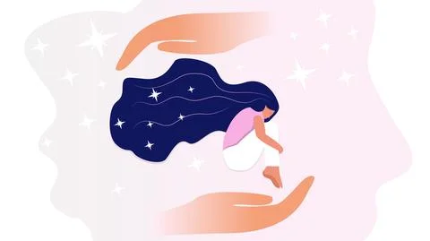 Vector graphics. Human hands protect the sleep of a sleeping girl. A sleeping Stock Illustration