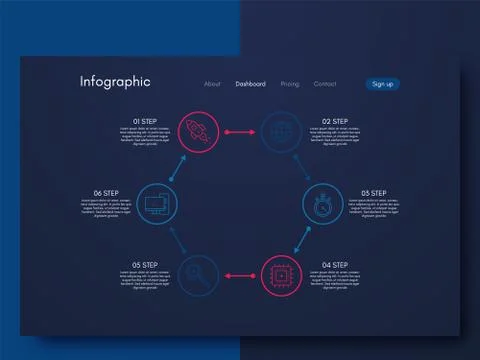 Vector graphics infographics with six options. Template for creating mobile a Illustrazione stock