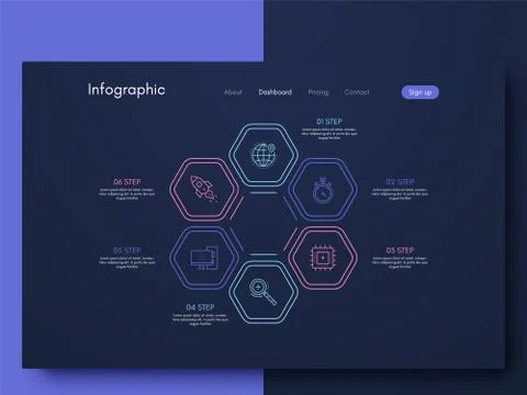 Vector graphics infographics with six options. Template for creating mobile a Illustrazione stock
