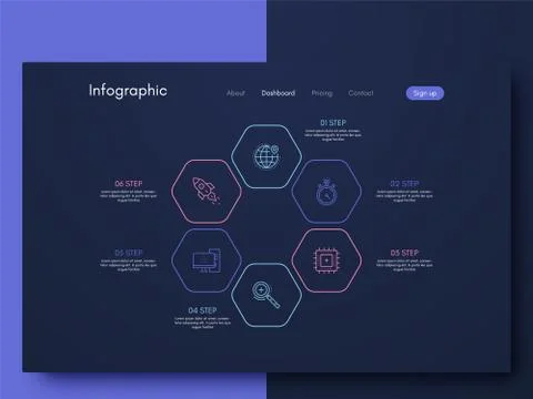 Vector graphics infographics with six options. Template for creating mobile a Illustrazione stock