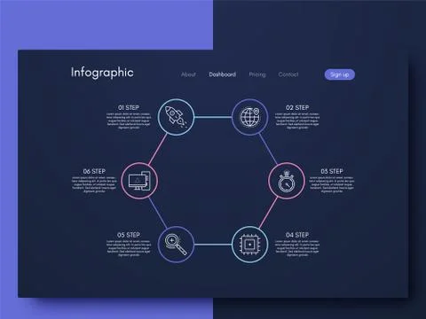 Vector graphics infographics with six options. Template for creating mobile a Illustrazione stock