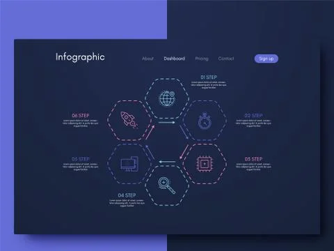 Vector graphics infographics with six options. Template for creating mobile a Illustrazione stock