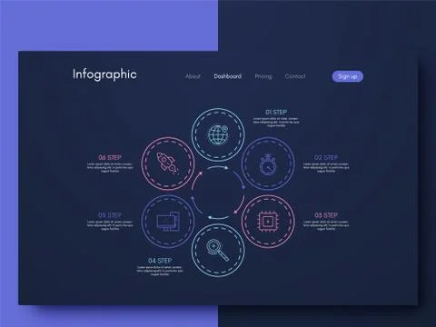 Vector graphics infographics with six options. Template for creating mobile a Illustrazione stock
