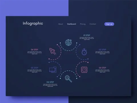 Vector graphics infographics with six options. Template for creating mobile a Illustrazione stock