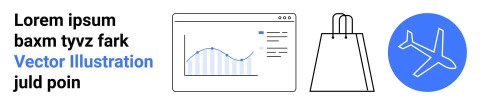 Vector graphics showing website analytics, shopping bag, and airplane signi.. イラスト素材